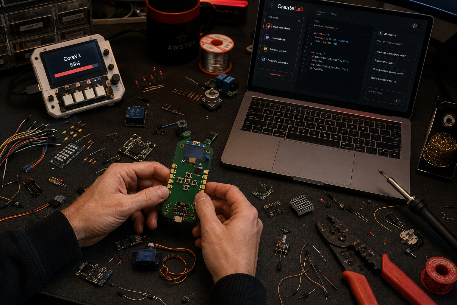 AWSTRA electronics lab workspace with development boards